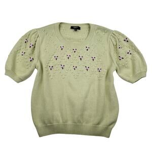 OAT New York Puff Sleeve Knit Sweater Floral Embroidered Sage Green Size S